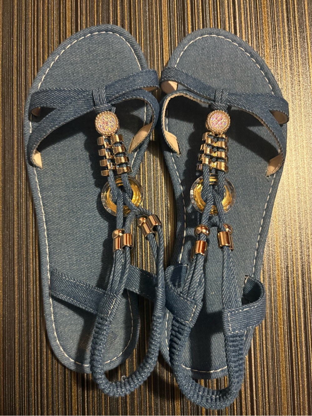 SHEIN Denim Blue T-Strap Sandals with Gold Accents
